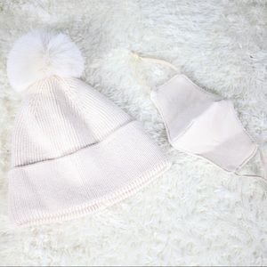 Unisex Beige Kid Button Beanie & Face Covering Set